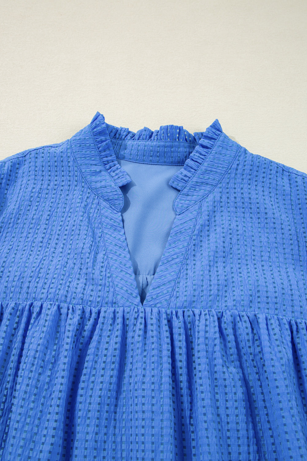 Sky Blue Plus Size Floral Embroidered Puff Sleeve Gingham Mini Dress BB Fashion Outlet
