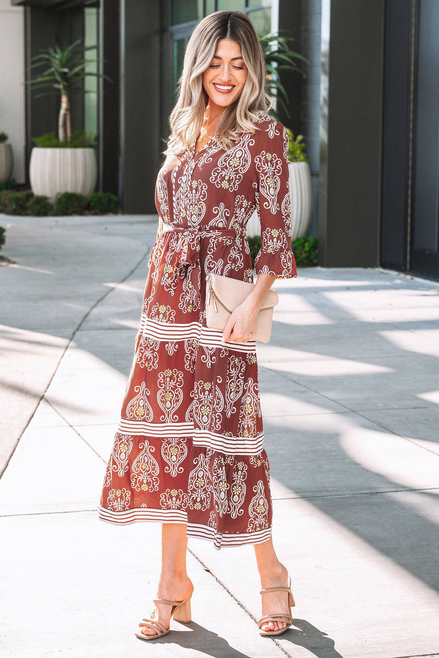 Floral Print Belted Striped Trim Tiered Maxi Dress