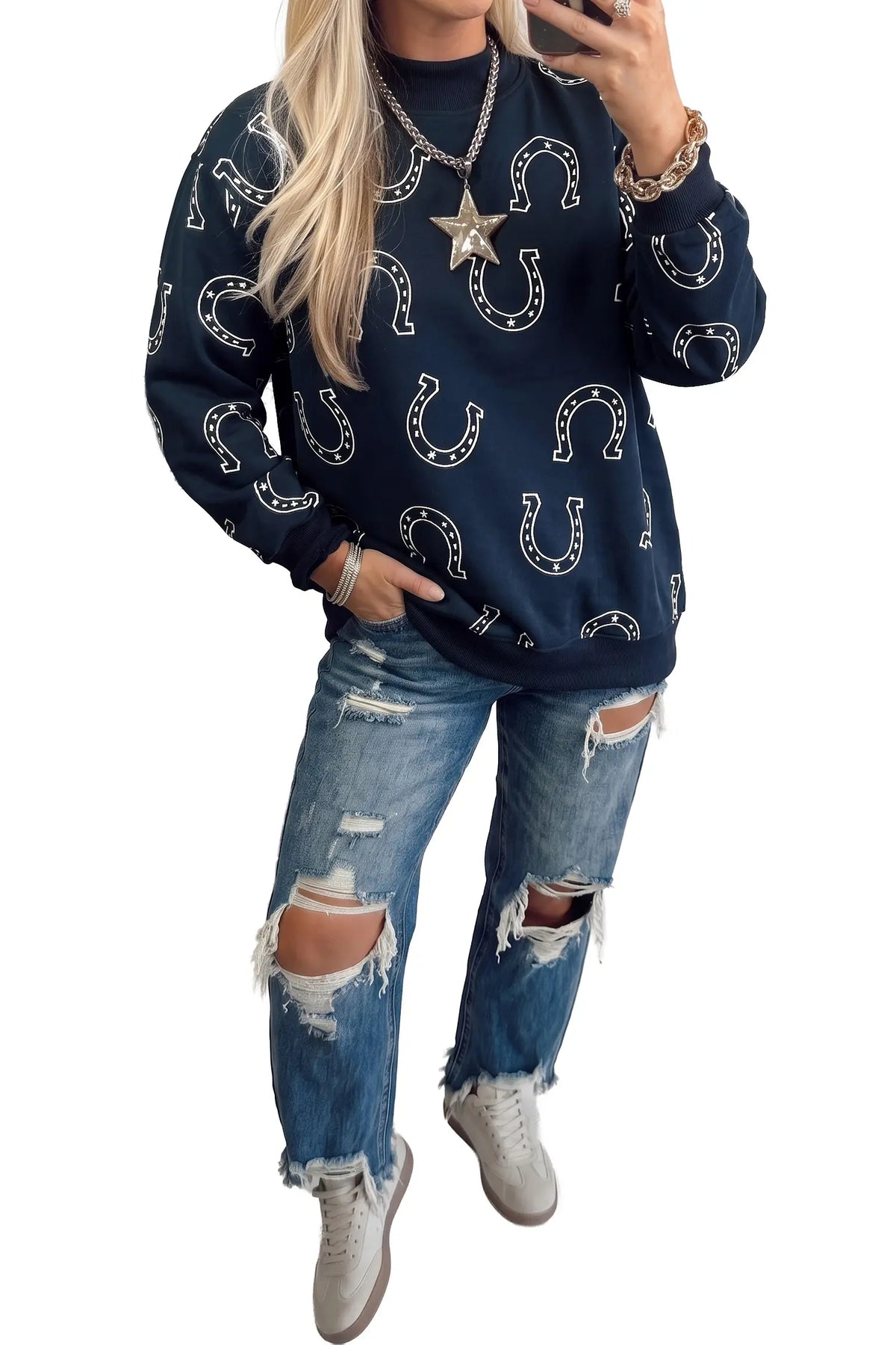 Mock neck pullover sweatshirt with western horseshoe print