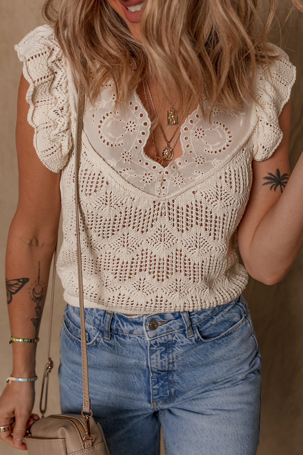 Beige Embroidered Patchwork Hollow Out Knitted Ruffle Top eAura