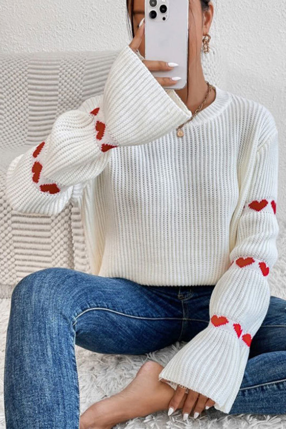 White Heart Shape Bell Sleeve Valentine Sweater eAura