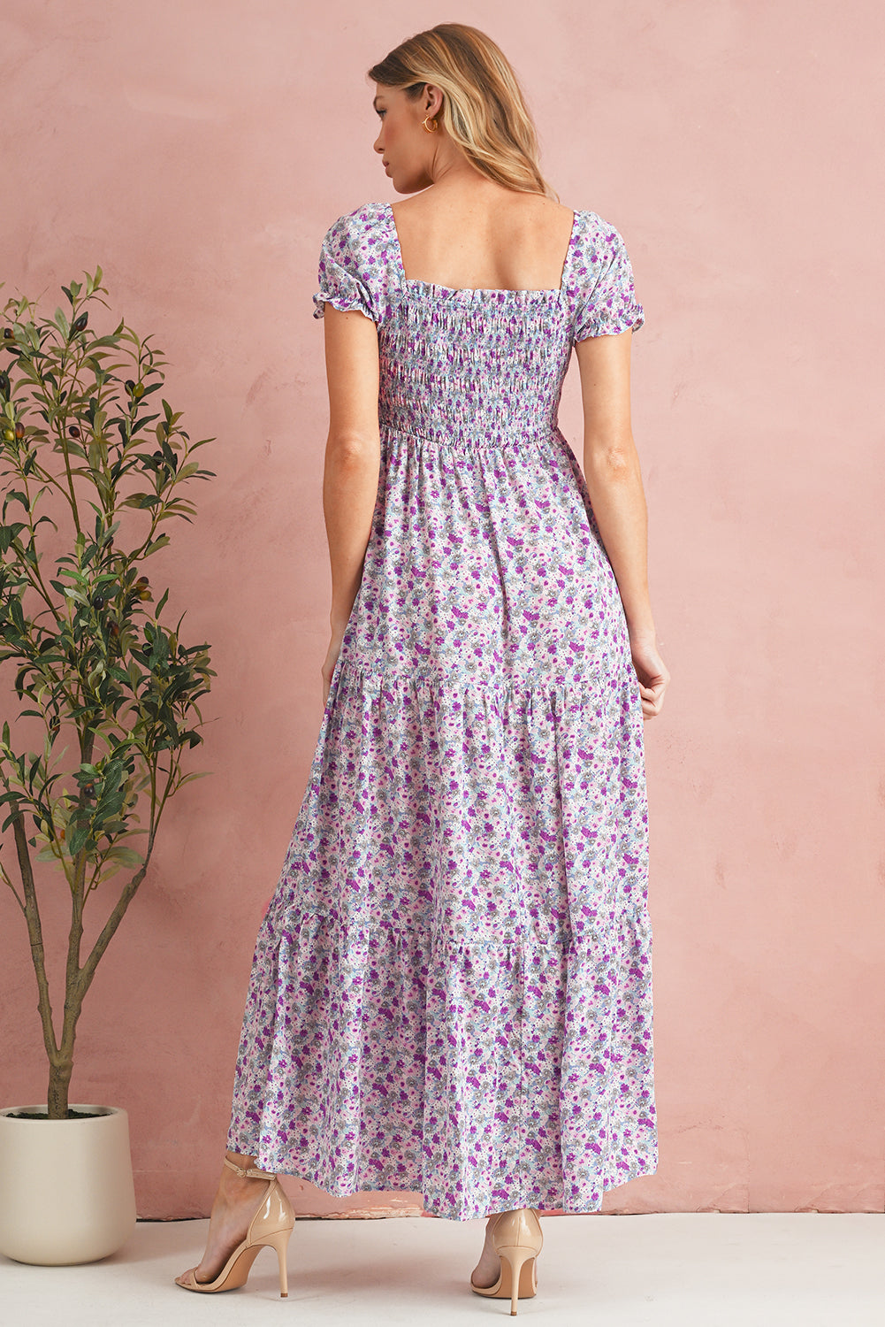 Floral Short Bubble Sleeve Smocked High Waist Maxi Dress