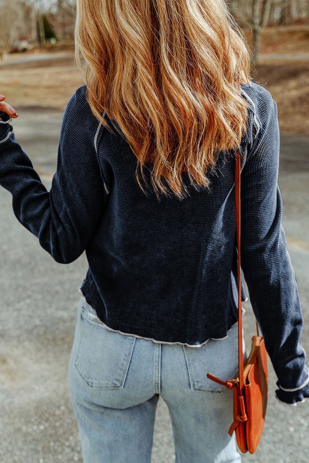 Blue Textured Round Neck Long Sleeve Top eAura