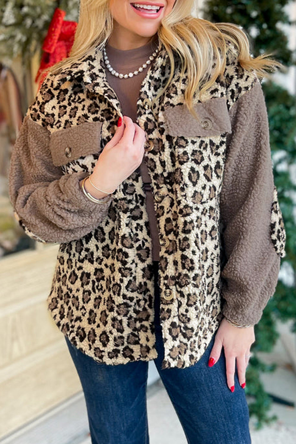 Brown Sherpa Leopard Print Flap Pocket Collared Button Up Jacket Dear-Lover Dropshipping