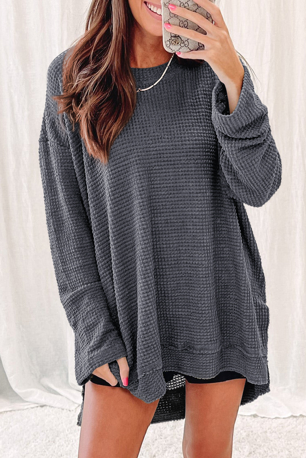 Khaki Waffle Knit High Slits Oversized Top - eAura