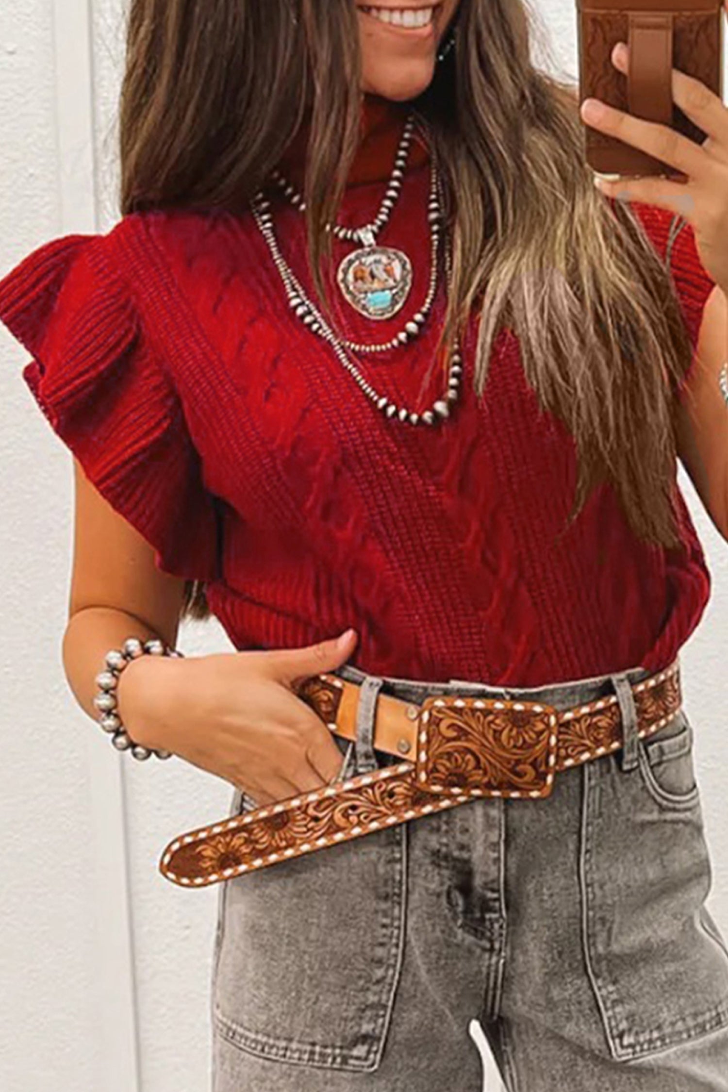 Cable Knit Turtleneck Ruffled Short Sleeve Sweater - Red / S - Sweaters & Cardigans/Short