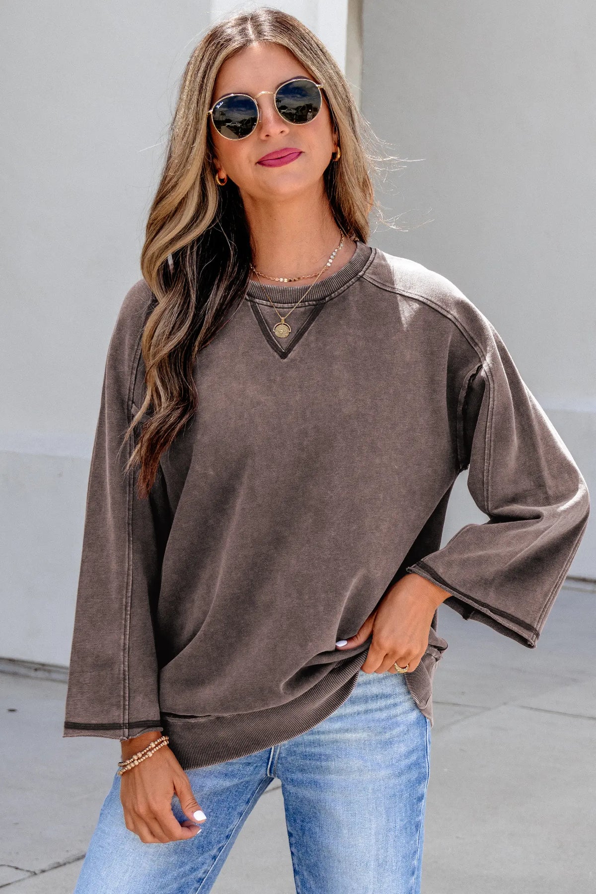 3/4 Sleeve Mineral Wash Loose Cotton Top – Dark Brown