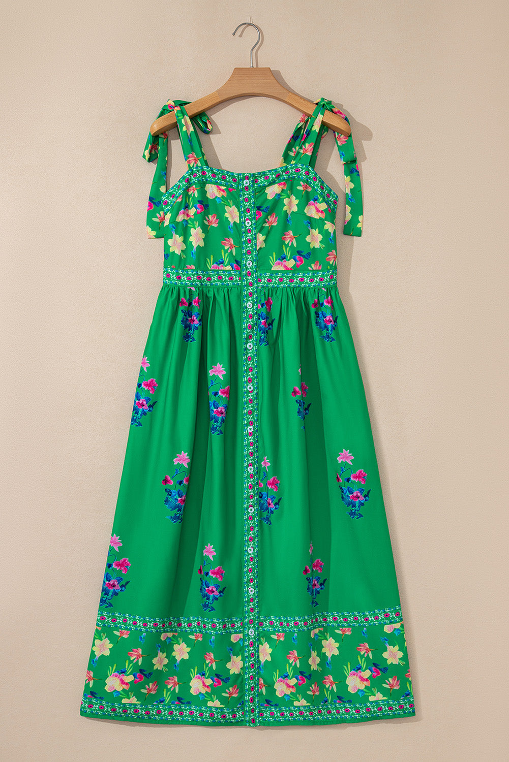 Green Floral Print Contrast Trim Knotted Straps Midi Dress eAura