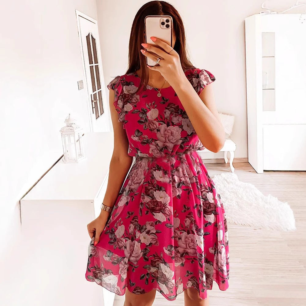 Chiffon Cap Sleeve Rose Print Dress eprolo