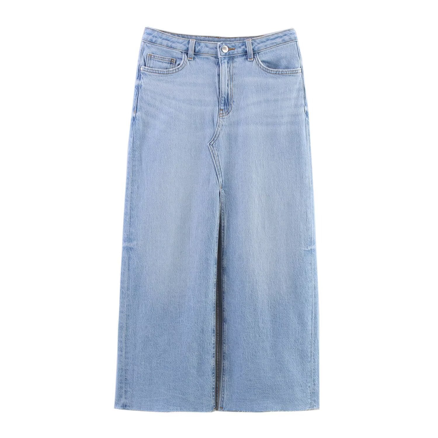 Midi Denim Skirt Front Slit and a Raw Hem eprolo