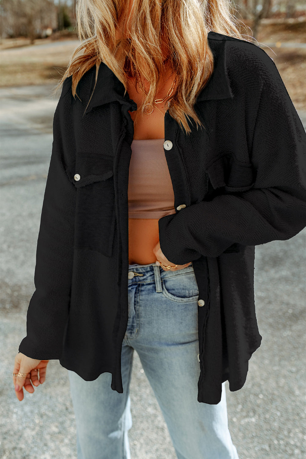 Grey Contrast Flap Pockets Relaxed Shacket Beagle Boutique Fashion Outlet
