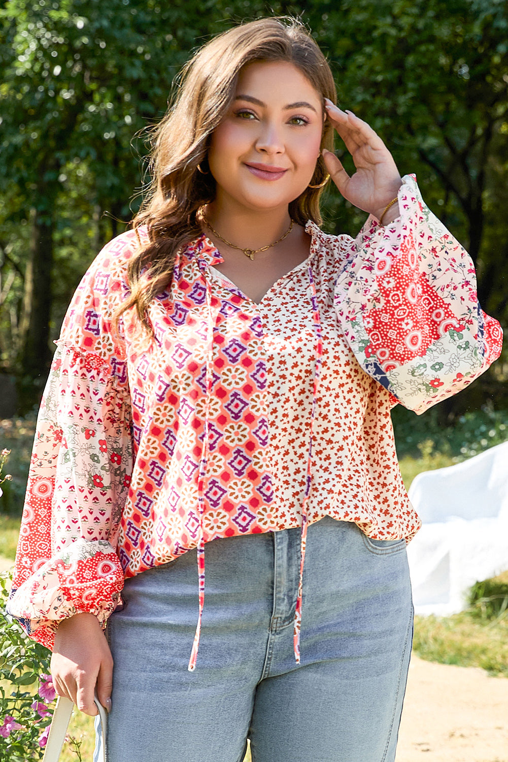 Orange Floral Geometric Patchwork Lace-up Crewneck Plus Size Blouse BB Fashion Outlet