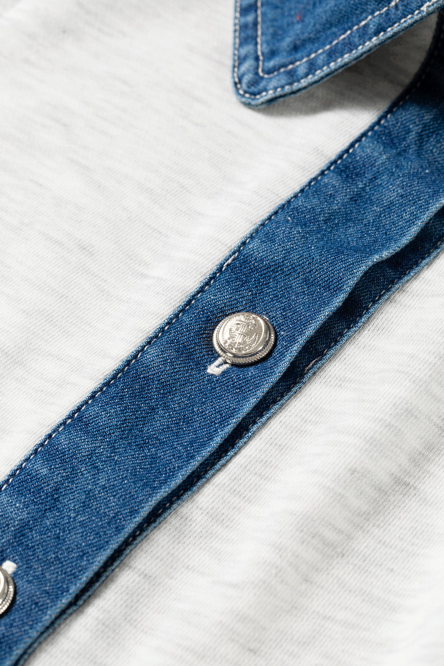 Denim Patchwork Polo Collar Elastic Waist Sleeveless Romper – Light Grey