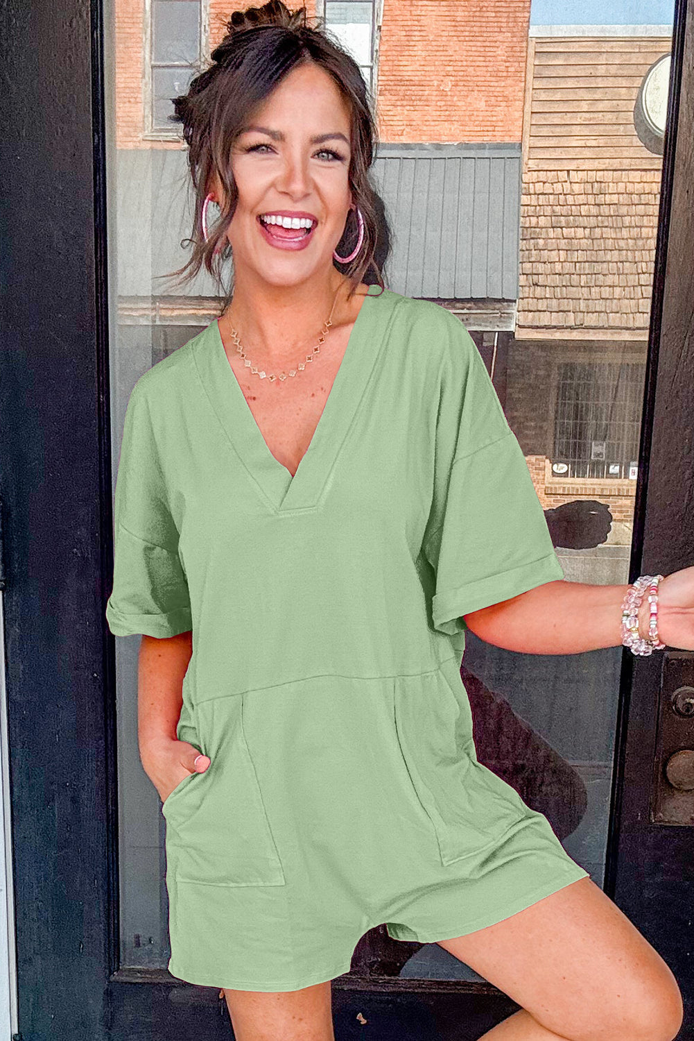 Loose Half Sleeve V-Neck Knit Romper eAura