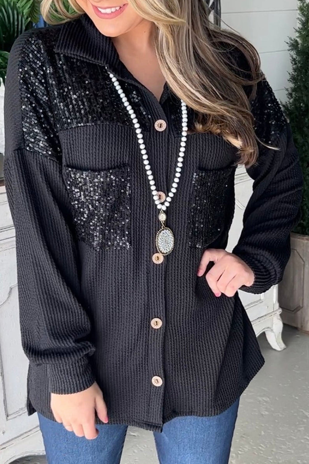 Black Sequin Patch Chest Pocket Corduroy Shacket eAura