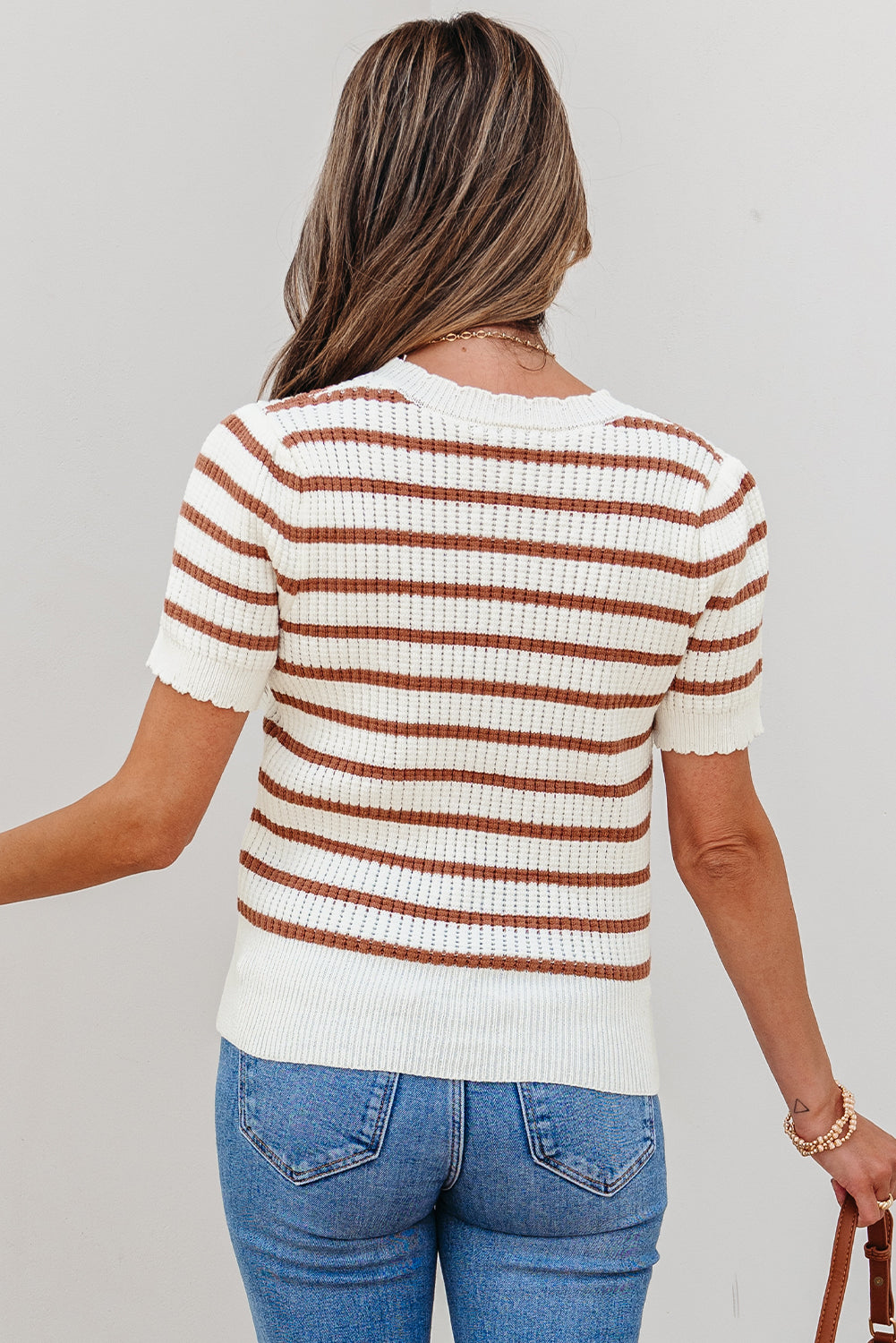 Khaki Stripe Scalloped Round Neck Short Sleeve Sweater eAura