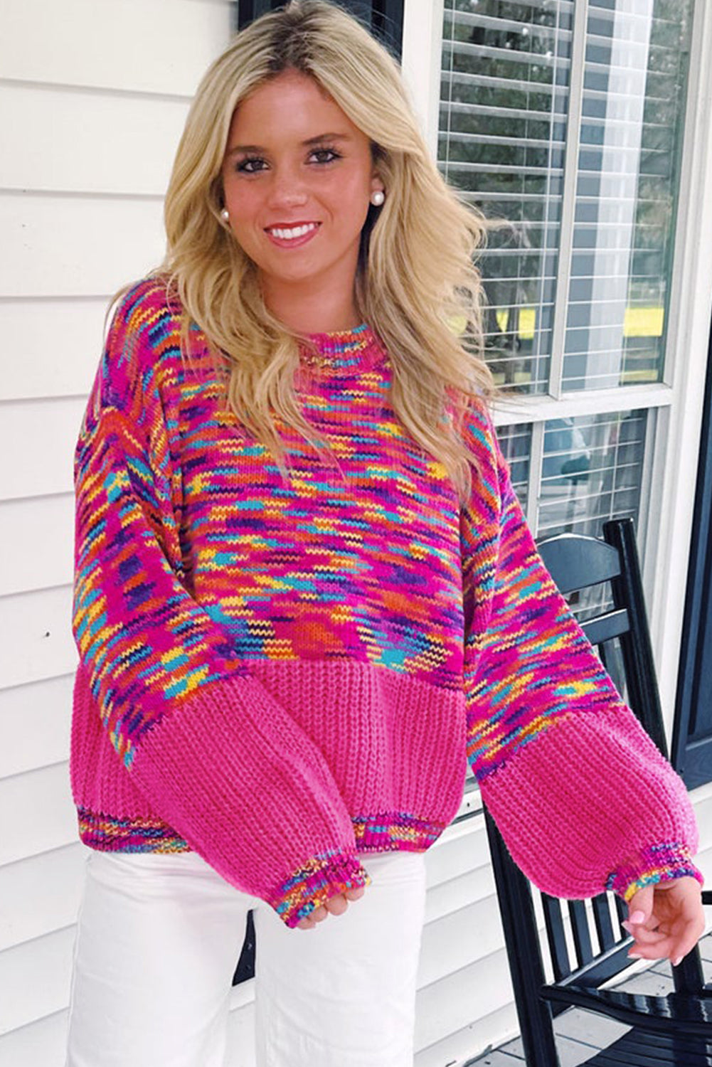 Bright Pink Rainbow Confetti Drop Shoulder Sweater eAura
