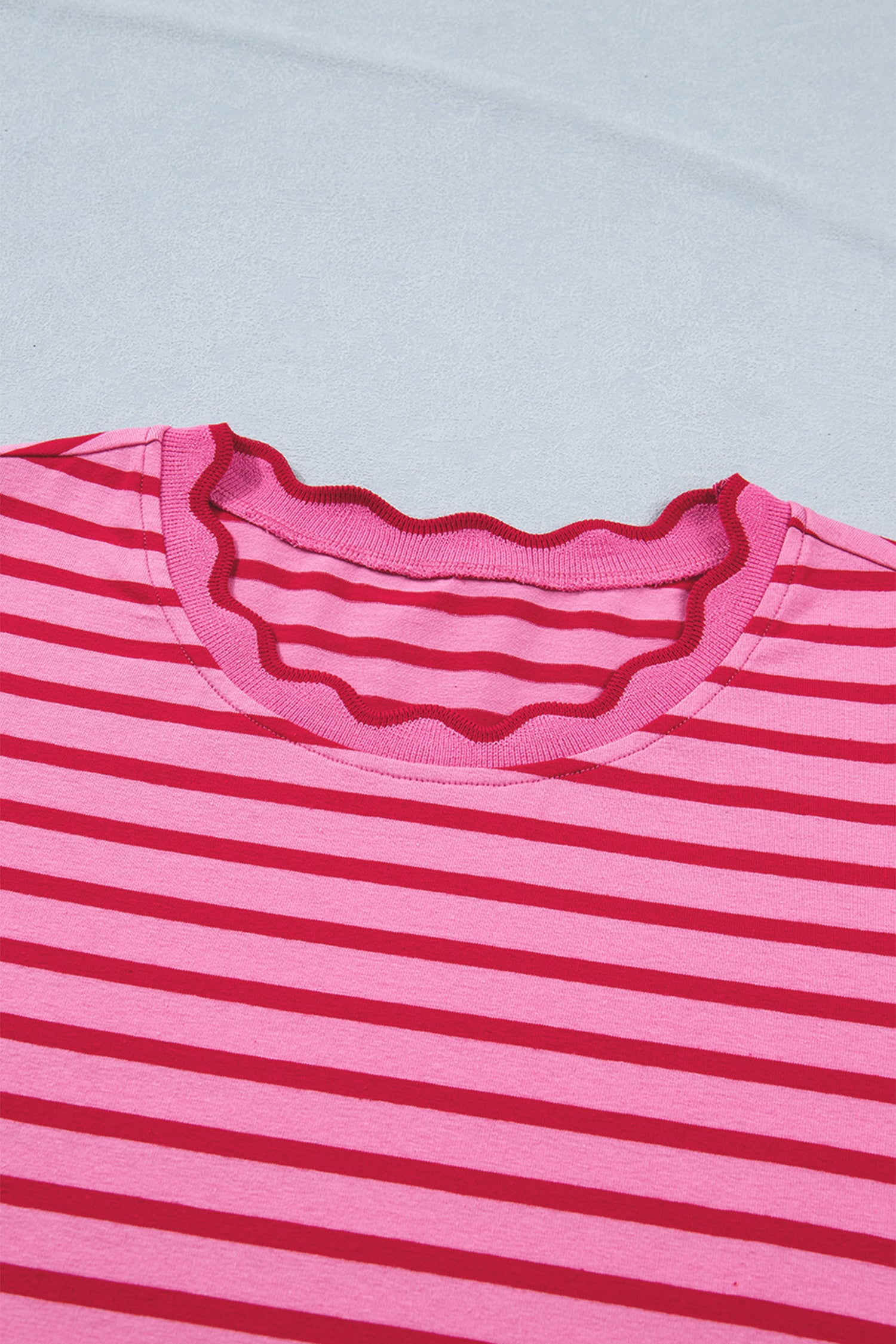Striped Short Sleeve Scalloped Trim Side Slit T-Shirt Dress – Rose Stripe