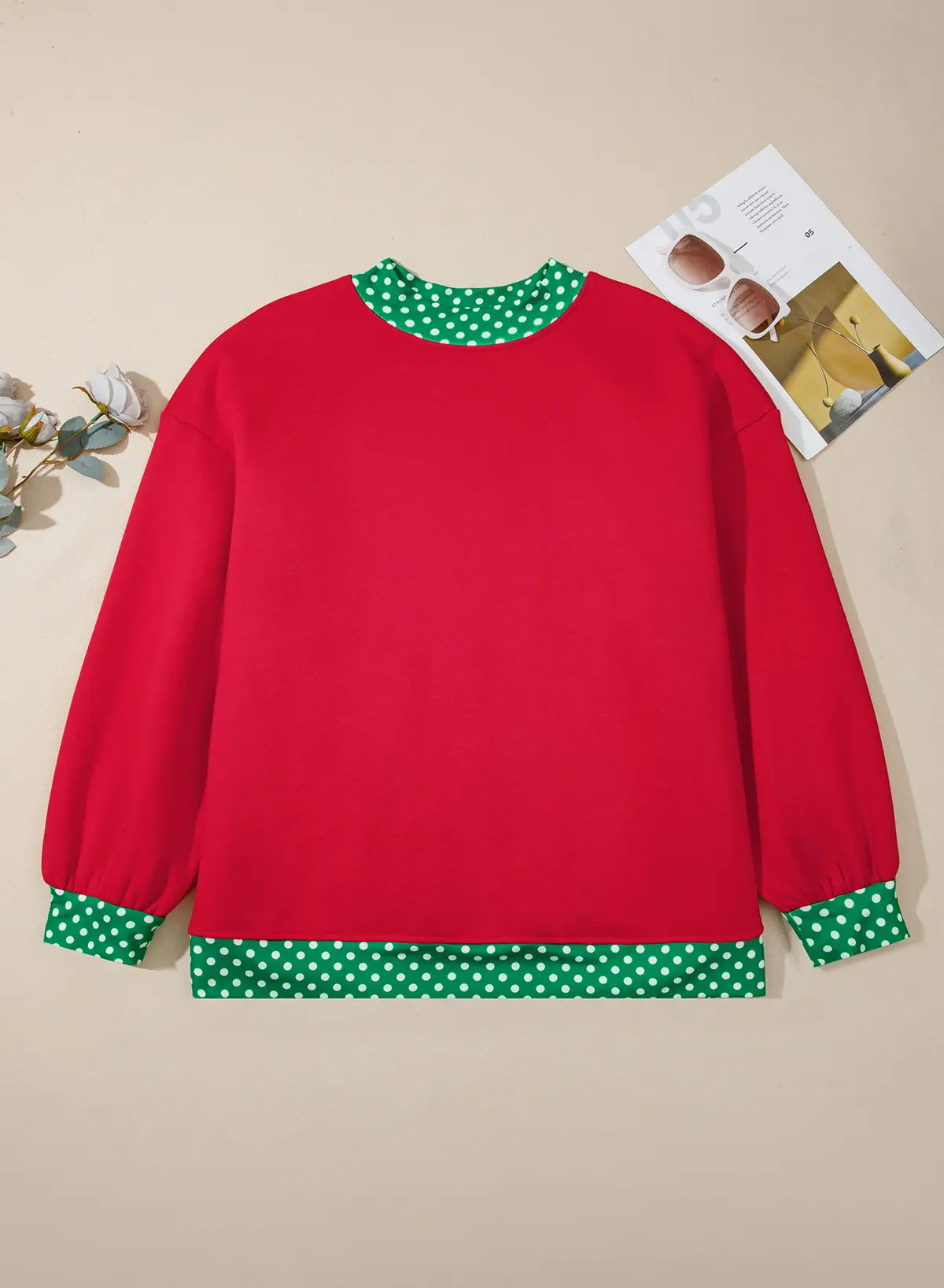 Polka Dot Patchwork Round Neck Plus Size Sweatshirt – Racing Red
