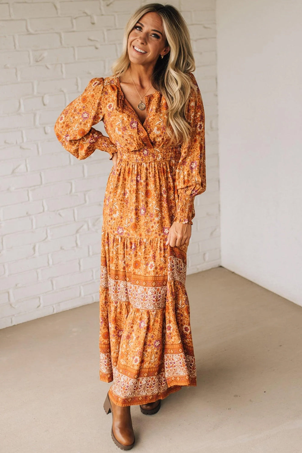 Floral Print Smocked Waist Long Sleeve Boho Maxi Dress - Dresses/Maxi Dresses