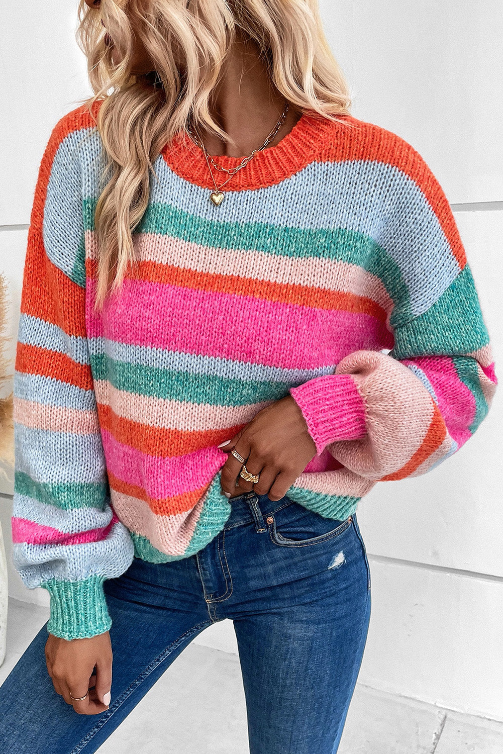 MultiColour Striped Knit Drop Shoulder Puff Sleeve Sweater eAura