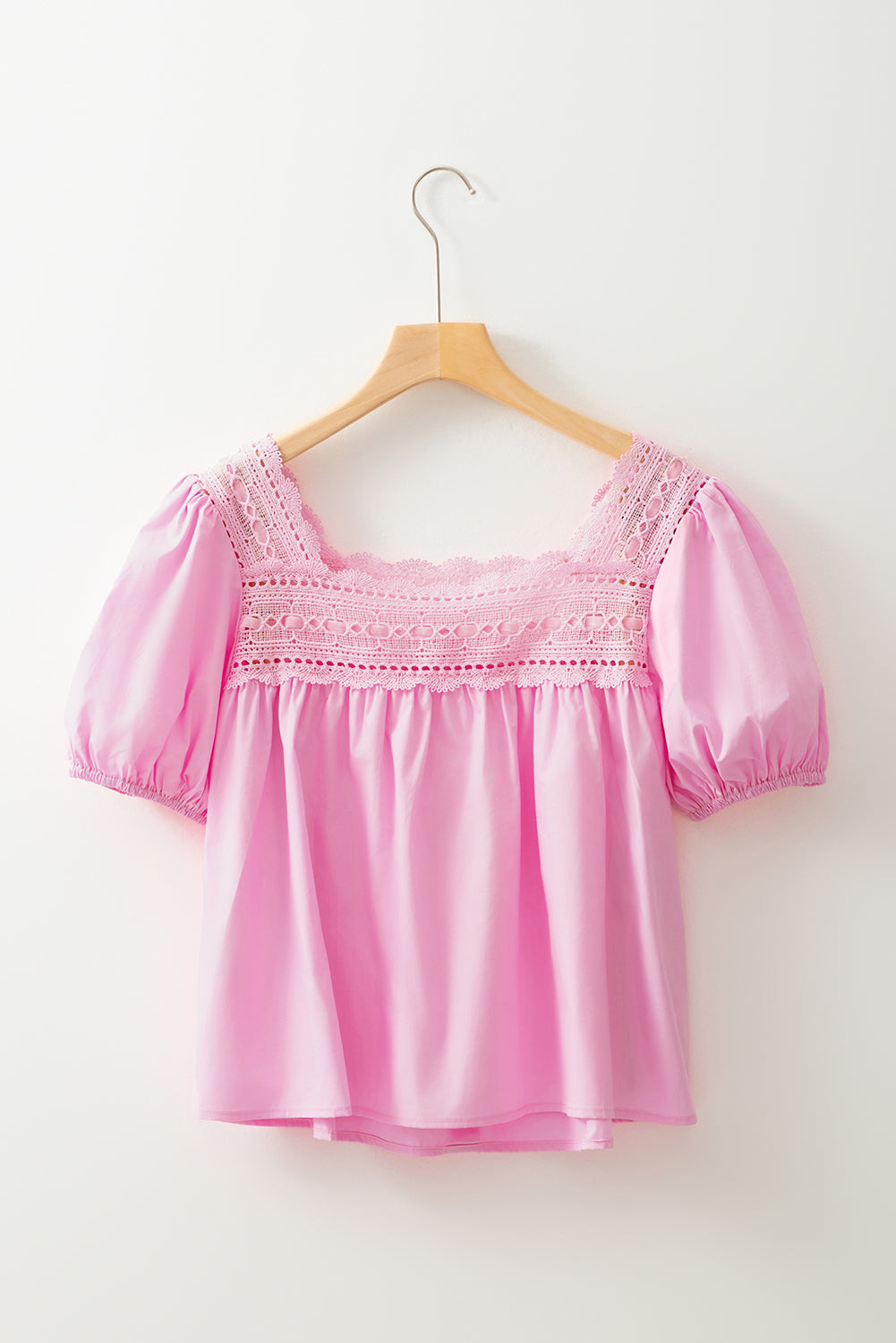 Light Pink Lace Square Neck Patchwork Puff Sleeve Blouse eAura