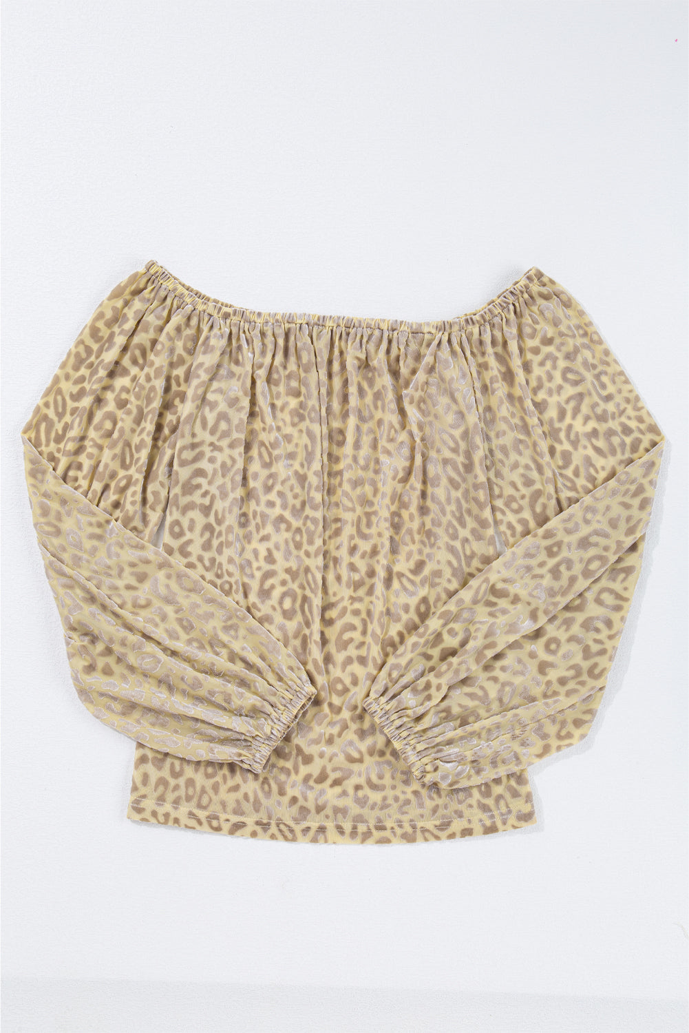 Beige Leopard Velvet Burnout Off Shoulder Long Sleeve Blouse eAura