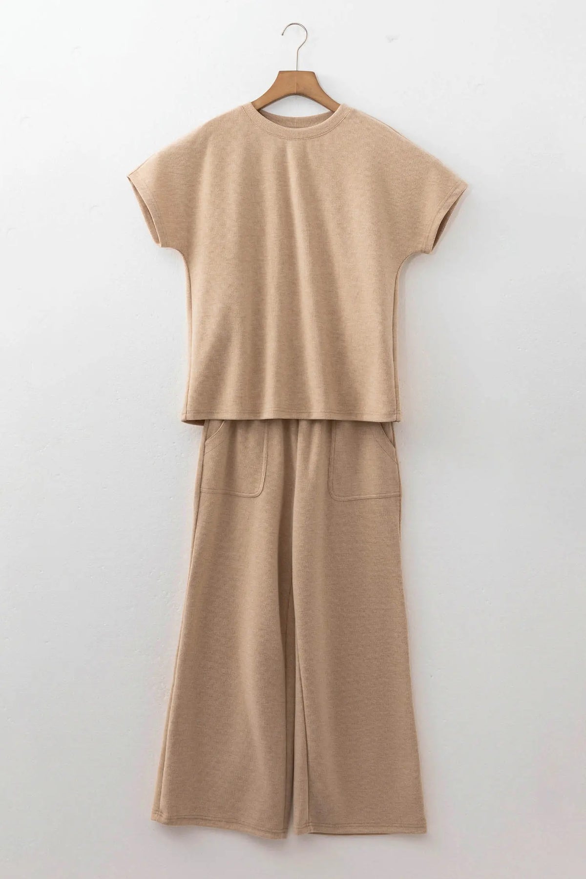 Solid Colour Short Sleeve Ribbed Top Casual Pants 2pcs Set – Light French Beige