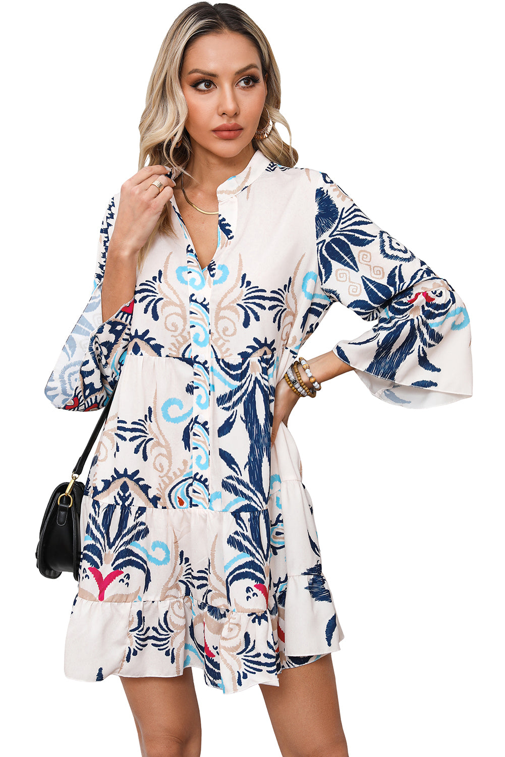 Tribal Bracelet Sleeve Buttoned Mini Dress – White Print
