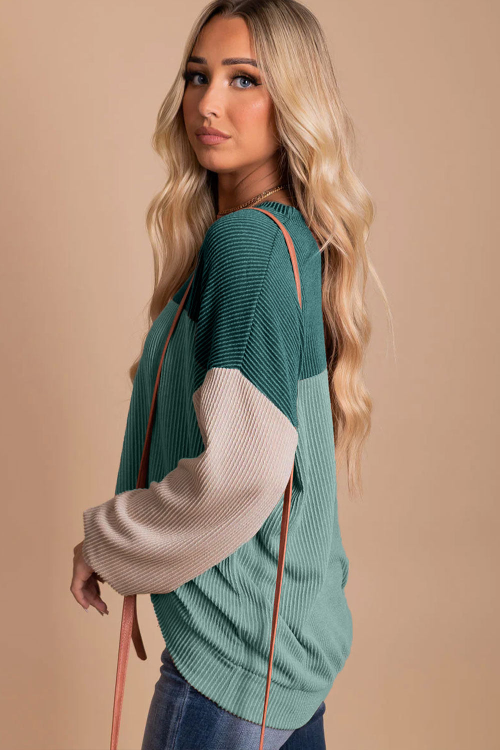 Khaki Colour Block Long Sleeve Ribbed Loose Top eAura