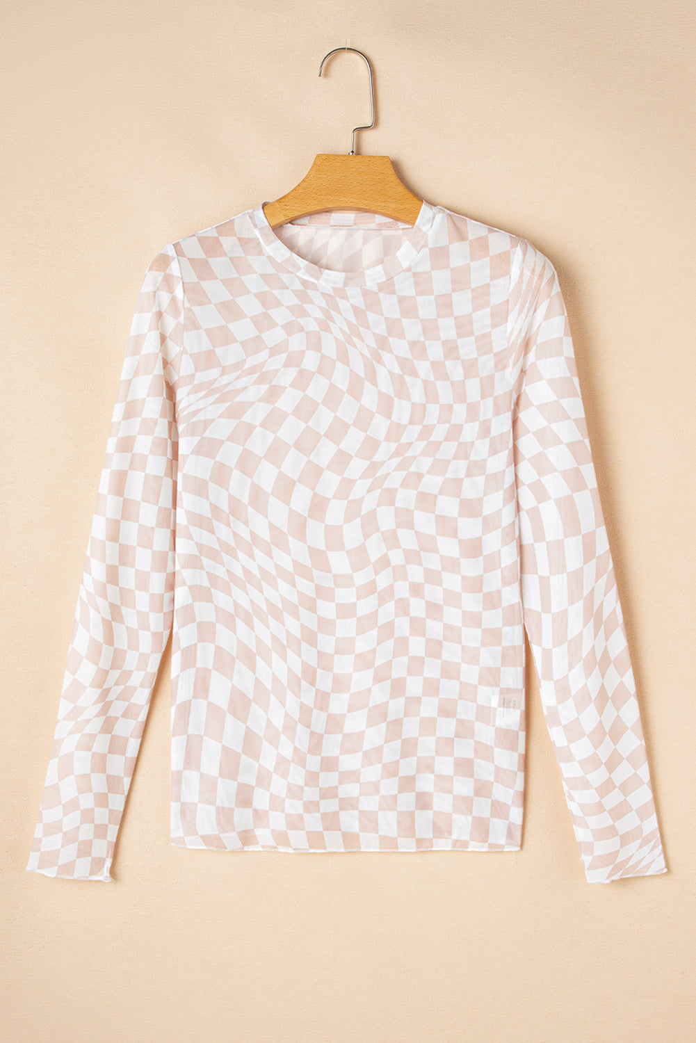 Khaki Checkered Pattern Mesh Mock Neck Long Sleeve Top eAura