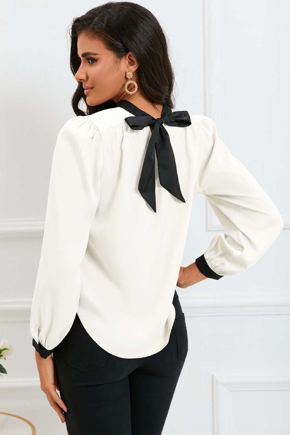 White Color Block Bow Back Mock Neck Blouse BB Fashion Outlet