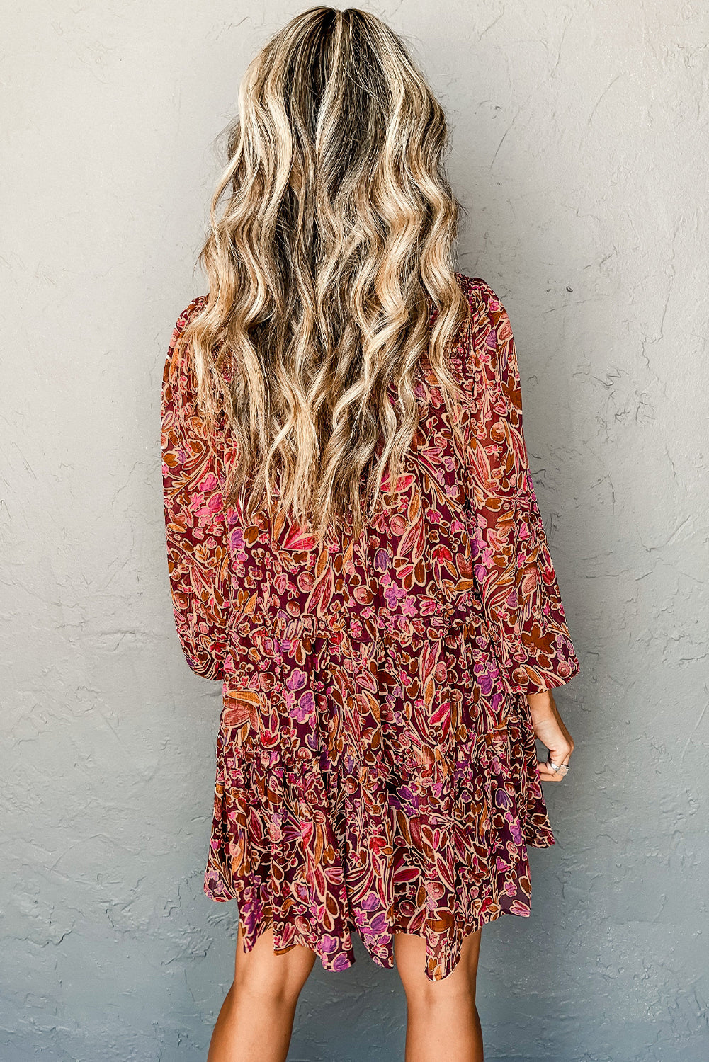 Floral Print Long Sleeve Shirred High Neck Loose Mini Dress - eAura