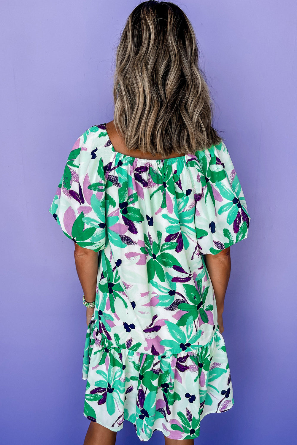 Green Floral Print Shirred Square Neck Loose Fit Mini Dress eAura