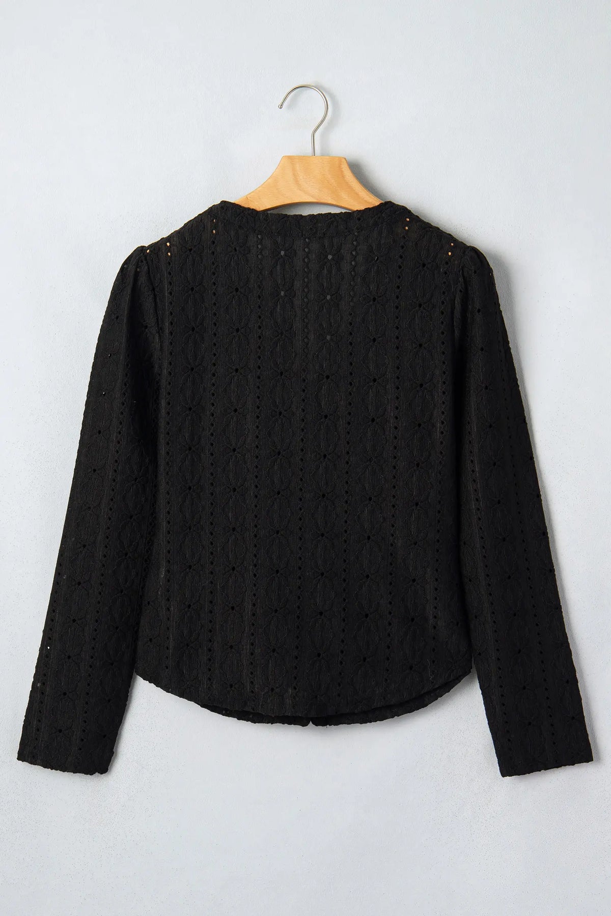 V Neck Floral Knit Long Sleeve Button Front Fit Blouse – Black