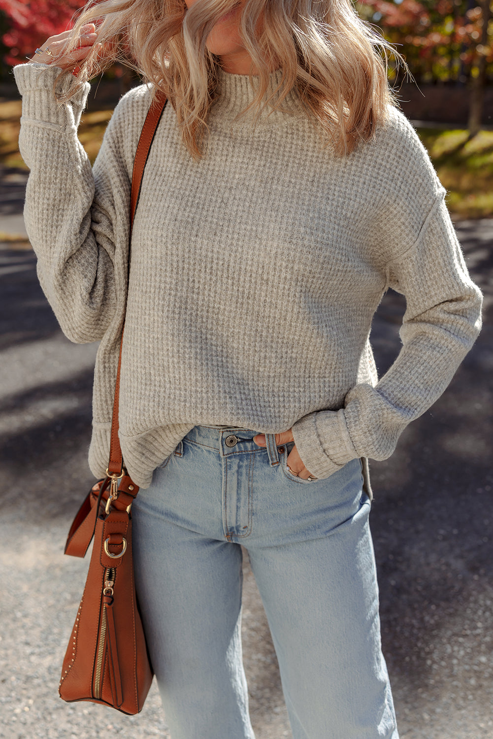 Waffle Texture Knit Ribbed High Neck Drop Shoulder Sweater - eAura