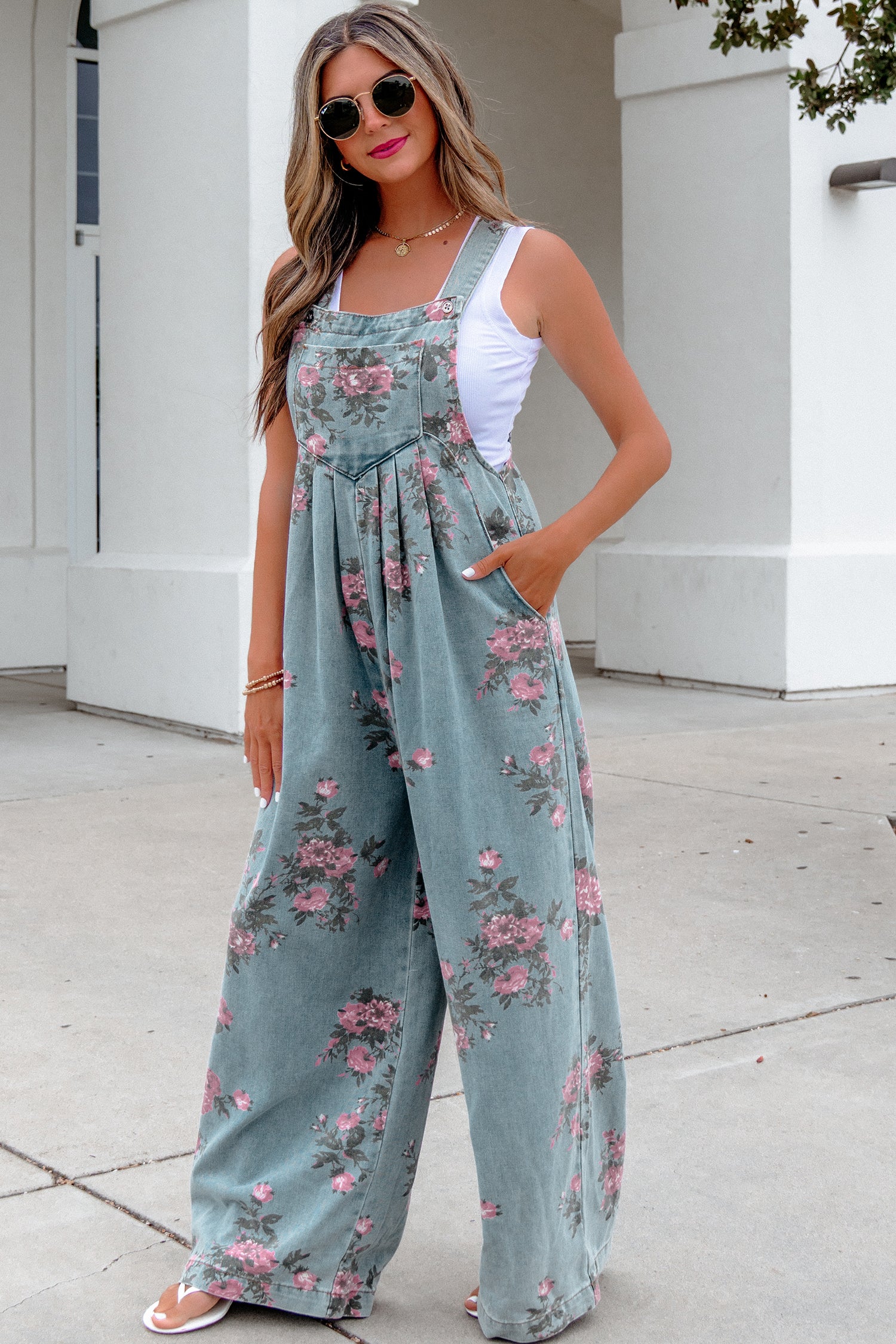 Floral Print Pleated Wide Leg Denim Jumpsuit – High Waist