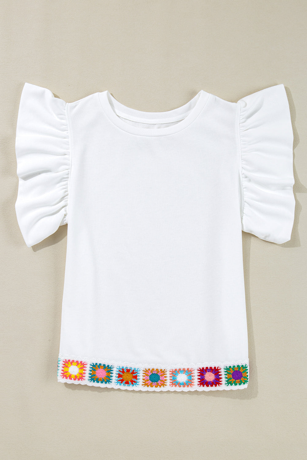 White Floral Crochet Patched Ruffled Sleeve Crewneck Blouse eAura