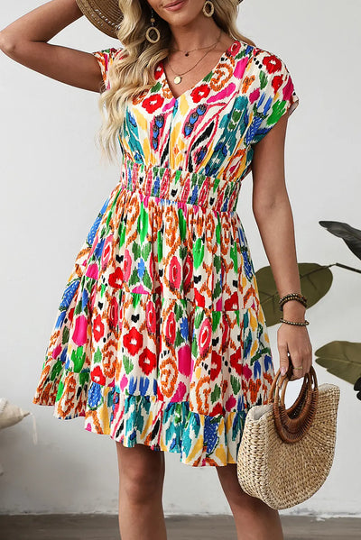 Abstract Print V-Neck Dolman Sleeve Ruffle Tiered Mini Dress