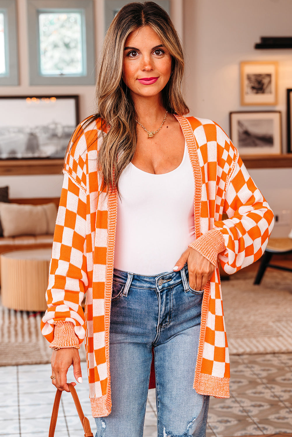 Orange Checkered Open Front Drop Shoulder Cardigan eAura