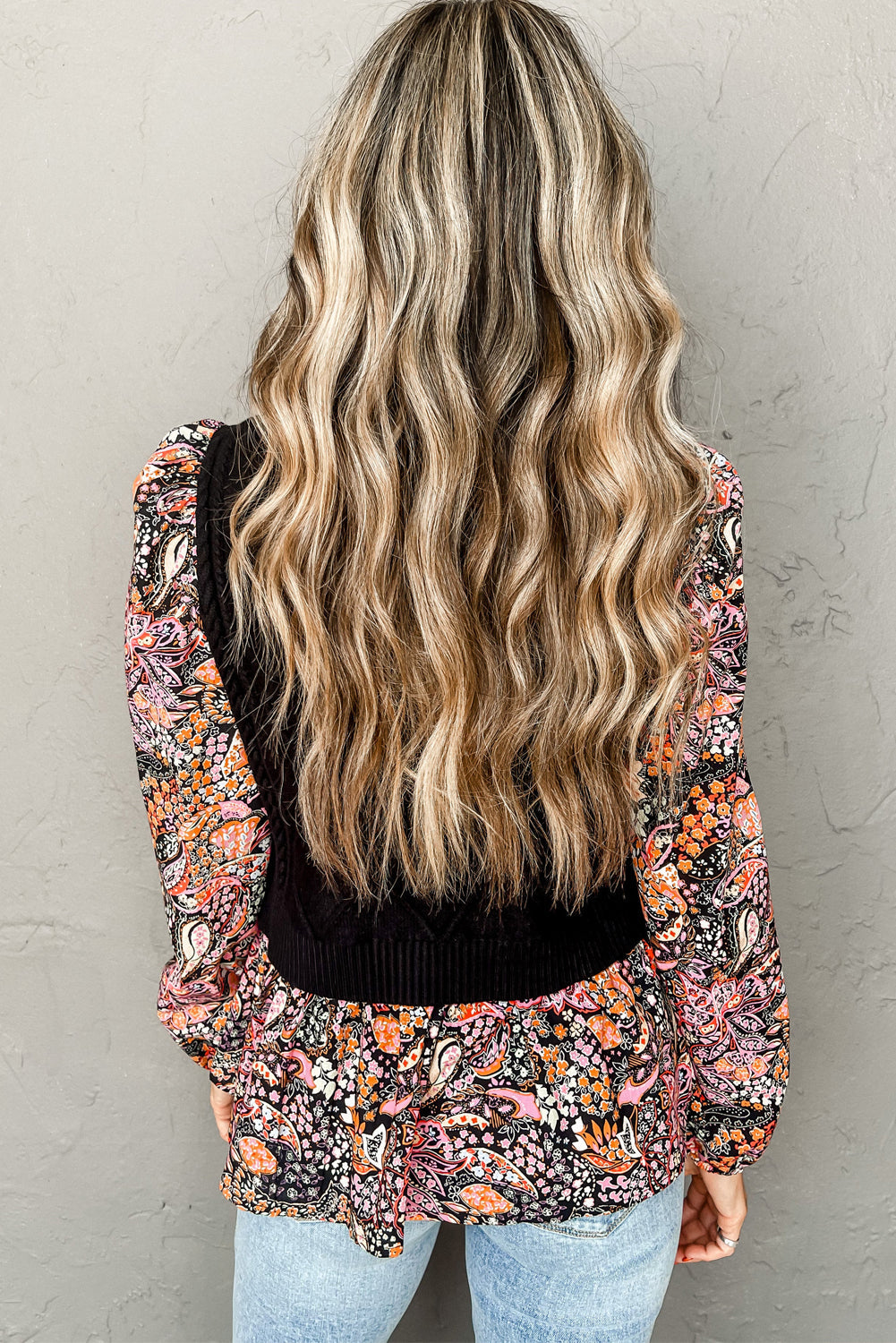 Black Contrast Floral Sleeve Peplum Sweater eAura