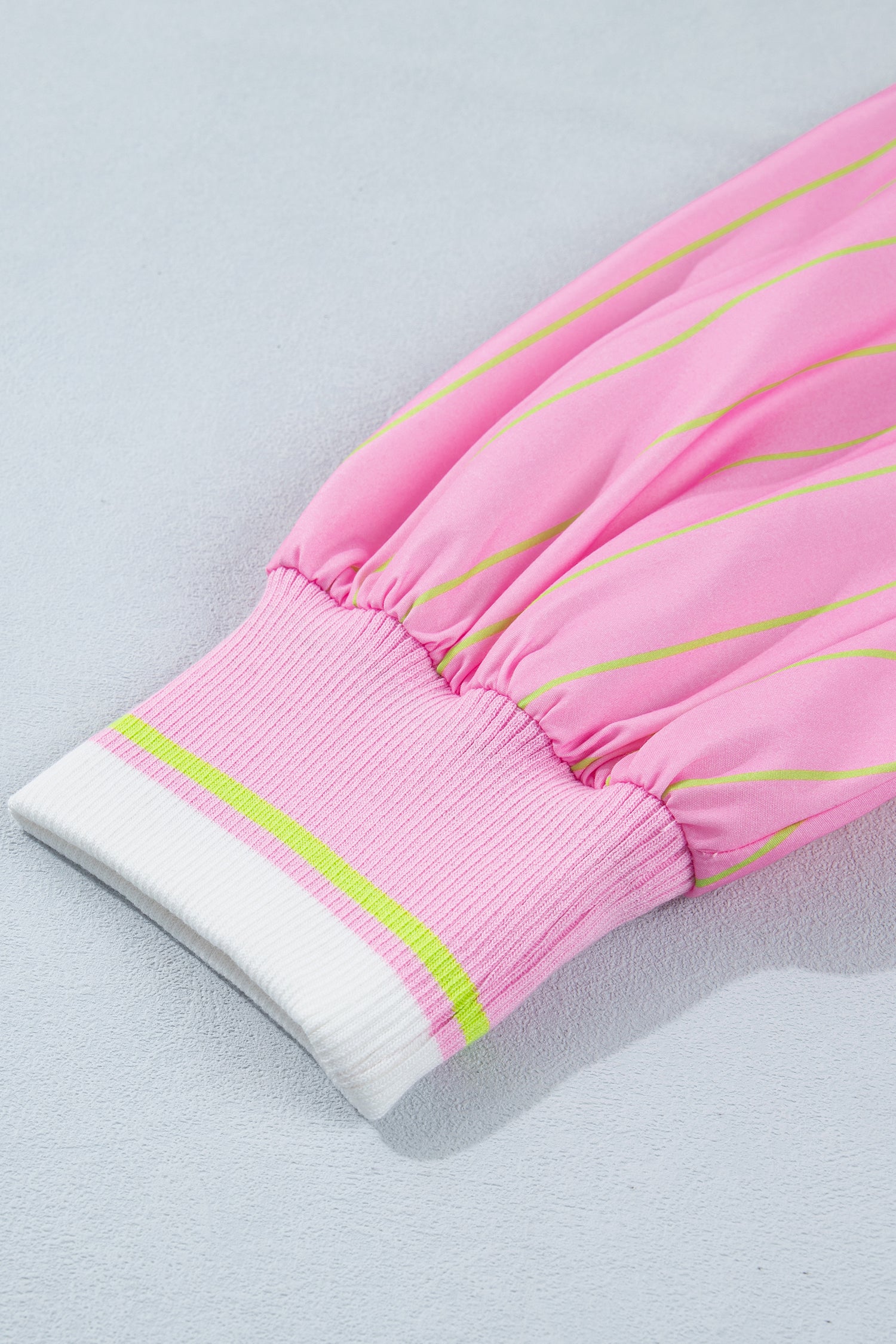 Striped V-Neck Half Sleeve Zipper Ribbed Cuff Casual Shift Blouse – Pink Stripe