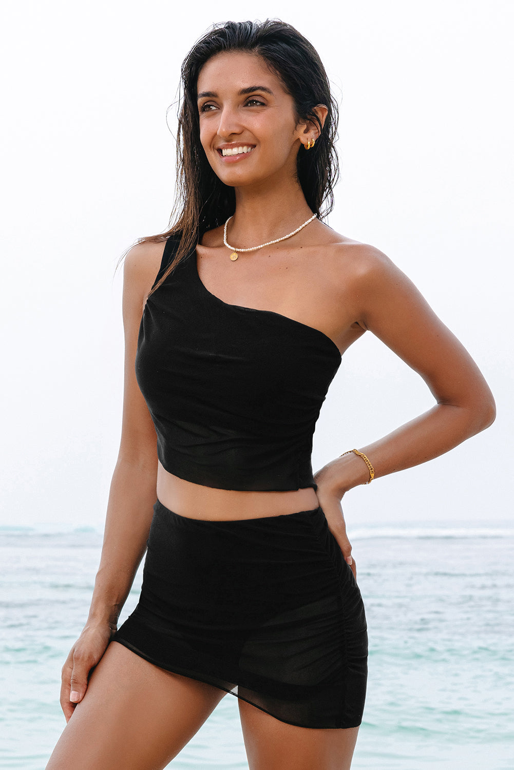 Black Pleated Mesh One Shoulder Bikini Top and Skirts Set eAura