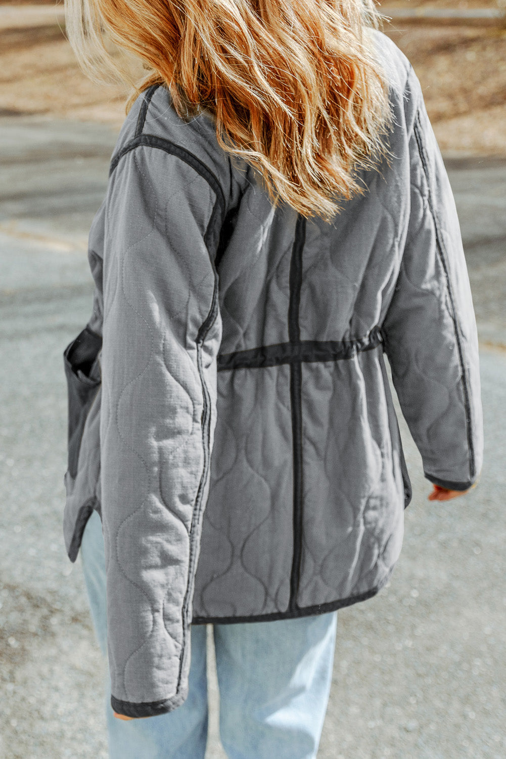 Grey Stitching Quilted Drawstring Jacket Beagle Boutique Fashion Outlet