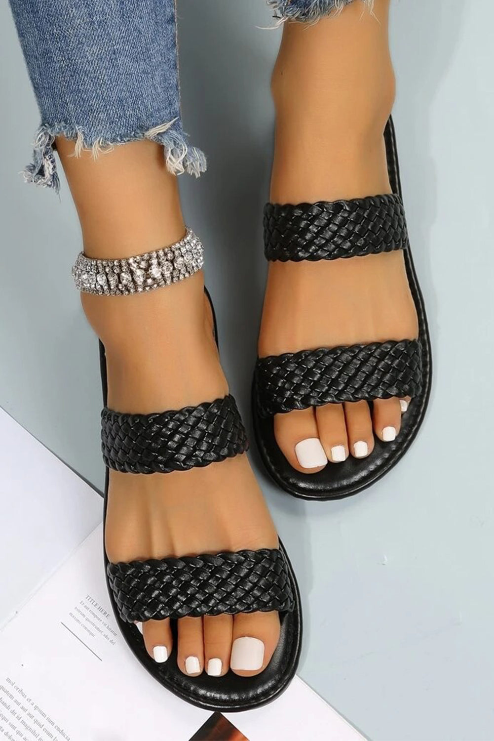 Black Braided Double Band Leathered Flat Sandals Beagle Boutique Fashion Outlet