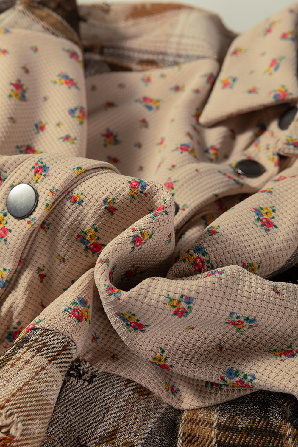 Boho Floral Plaid Patchwork Distressed Detail Ruffled Sleeve Waffle Shacket - eAura