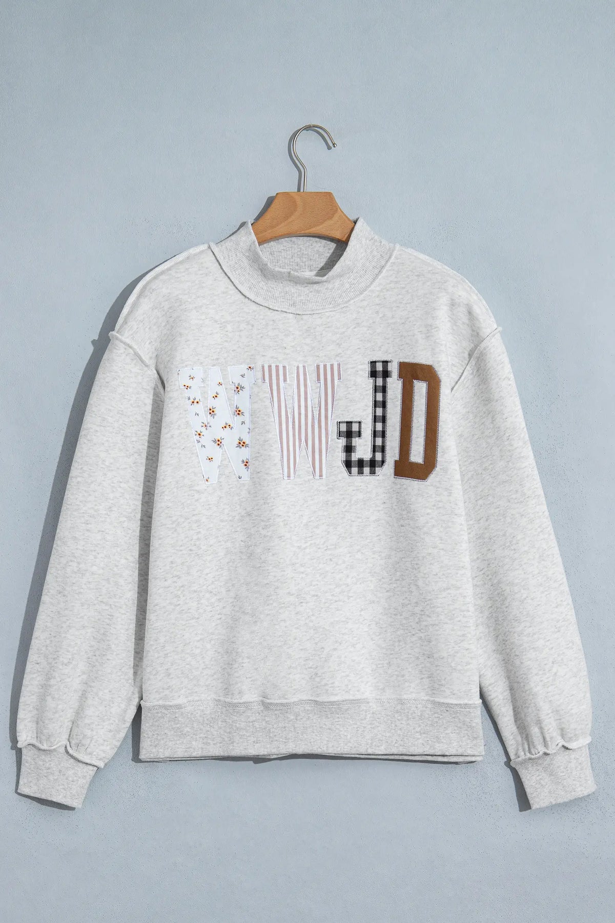 WWJD Mixed Pattern Embroidered Patch Graphic Mock Neck Sweatshirt – Grey