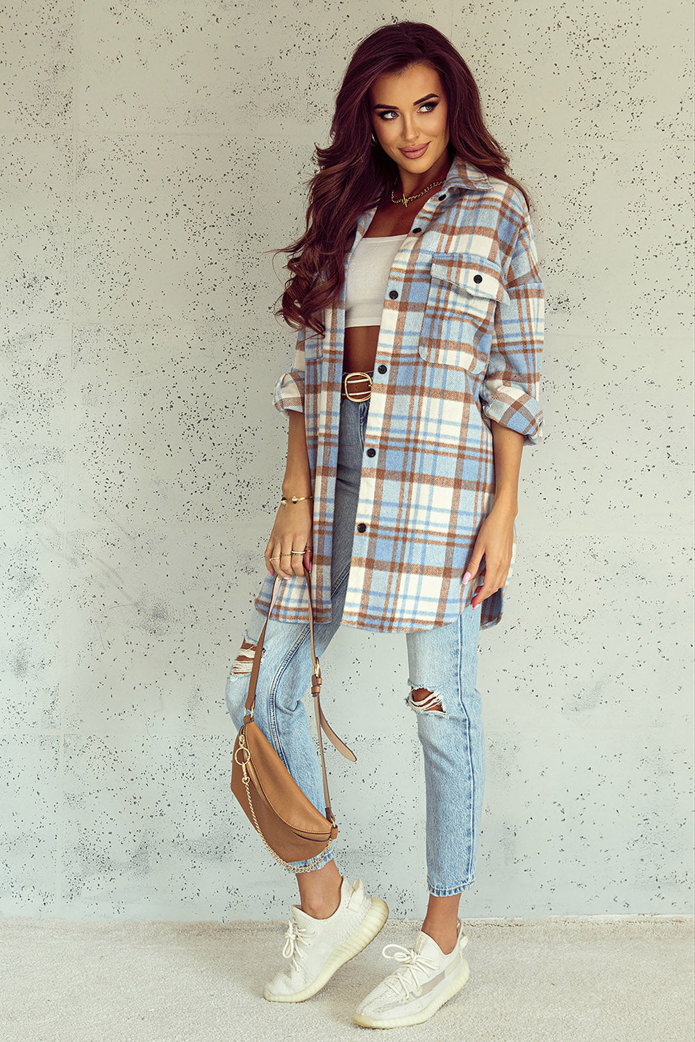 Sky Blue Plaid Flap Pocket Long Sleeve Shacket Beagle Boutique Fashion Outlet