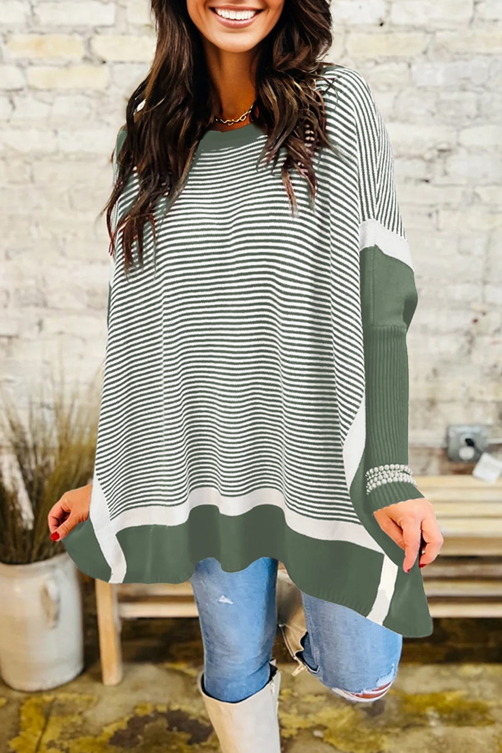 Striped Dolman Oversize Tunic Sweater - eAura