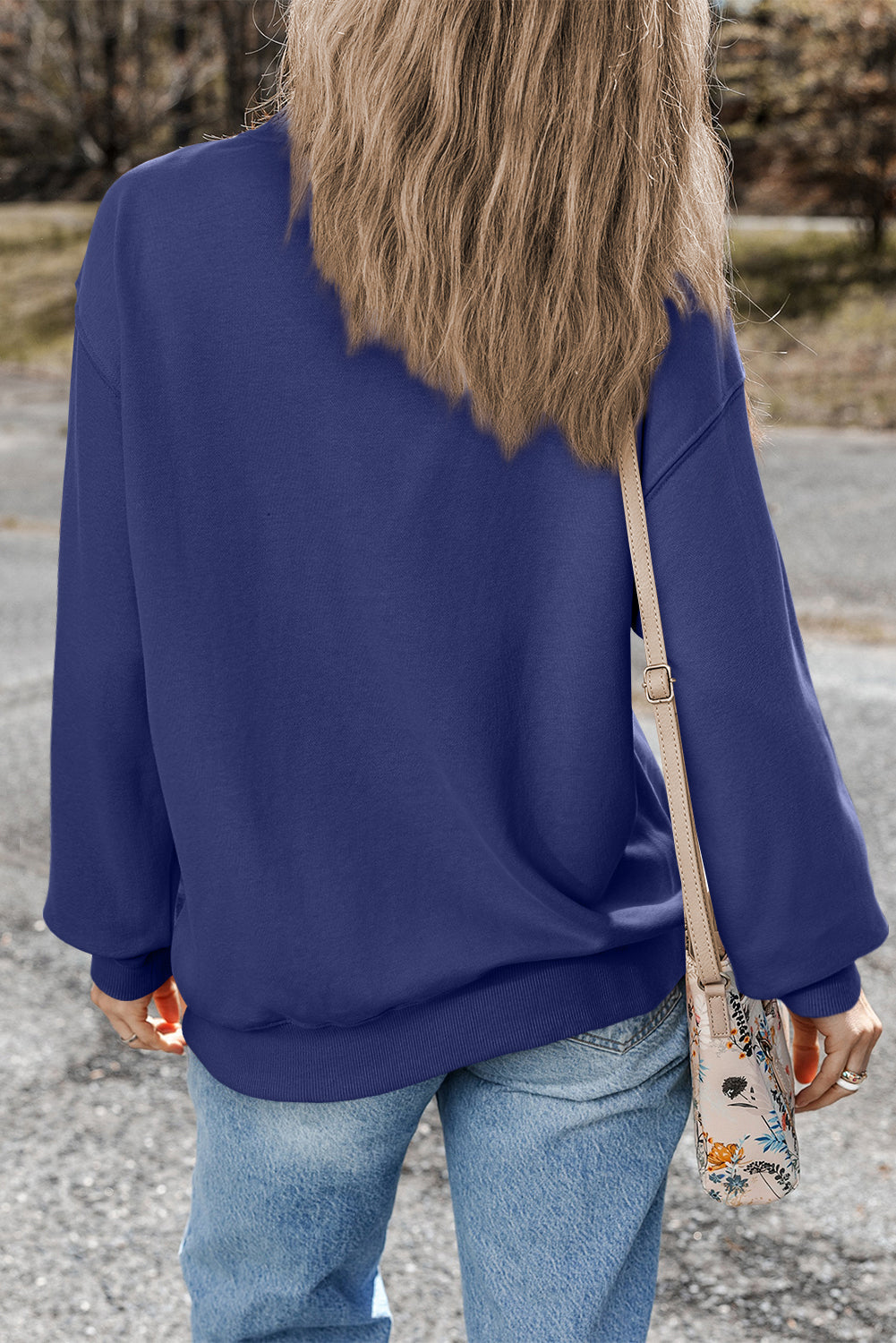 Navy Blue Plain Drop Shoulder Crewneck Pullover Sweatshirt eAura